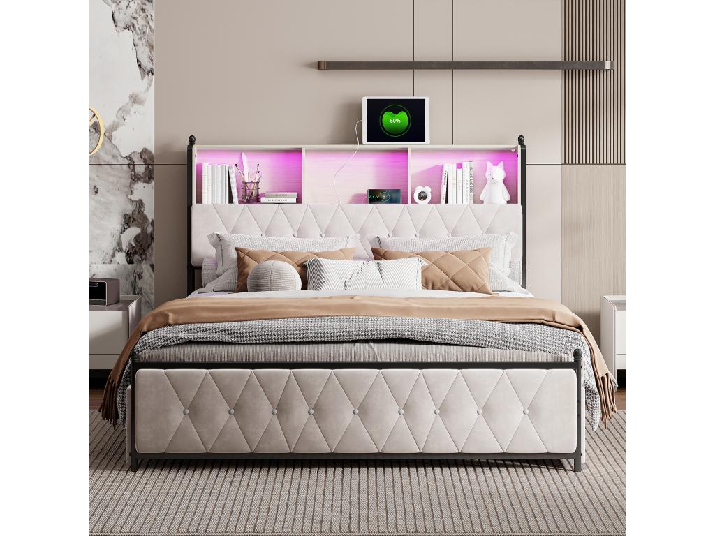 Lit en velours beige, 140 x 200 cm - dlz1766575378181